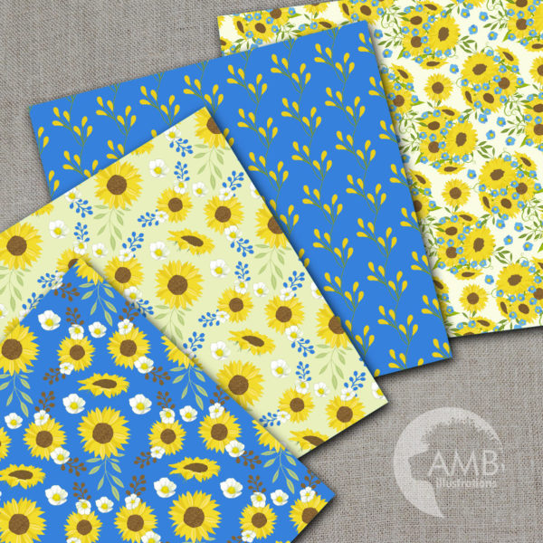 Sunflower digital papers, Floral papers, Sunflower scrapbook papers, Yellow and Blue Floral Papers, Commercial use, AMB-1432