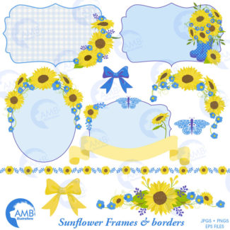 Sunflower frames clipart in Blue, Wedding frames clipart, shabby chic, sunflowers, sunflower border, commercial use,  AMB-1453