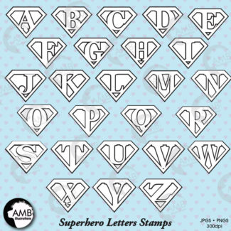 Superhero alphabet, Superhero Letters Clipart, Superhero Stamps, coloring page, black and white line,Alphabet Digital Stamps, AMB-289