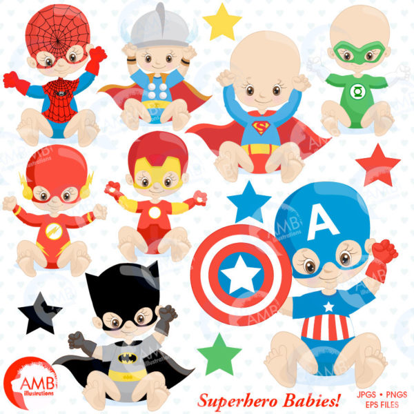 Superhero Babies Clipart, Super Hero Baby, Babies Clipart, Baby Birthday, Baby Shower, Commercial Use, AMB-1337