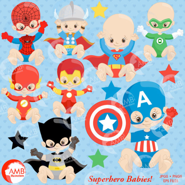 Superhero Babies Clipart, Super Hero Baby, Babies Clipart, Baby Birthday, Baby Shower, Commercial Use, AMB-1337