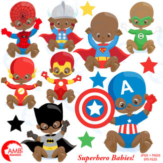 Superhero Babies clipart, Super Hero baby clipart, baby birthday, baby shower, African American Babies, Commercial Use AMB-1402