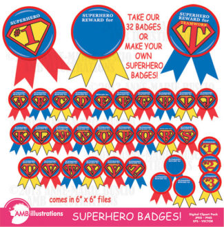 Superhero clipart, badges, superhero clip art, awards, commercial use, digital clipart, instant download, AMB-115