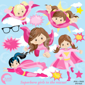 Superhero Clipart, Super Hero Clipart, Super Hero Girls Clipart, Super Girl in Pinks, commercial use, AMB-1034