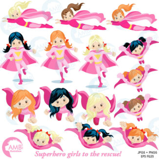Superhero Clipart, Super Hero Clipart, Super Hero Girls Clipart, Super Girl in Pinks, commercial use, AMB-1034