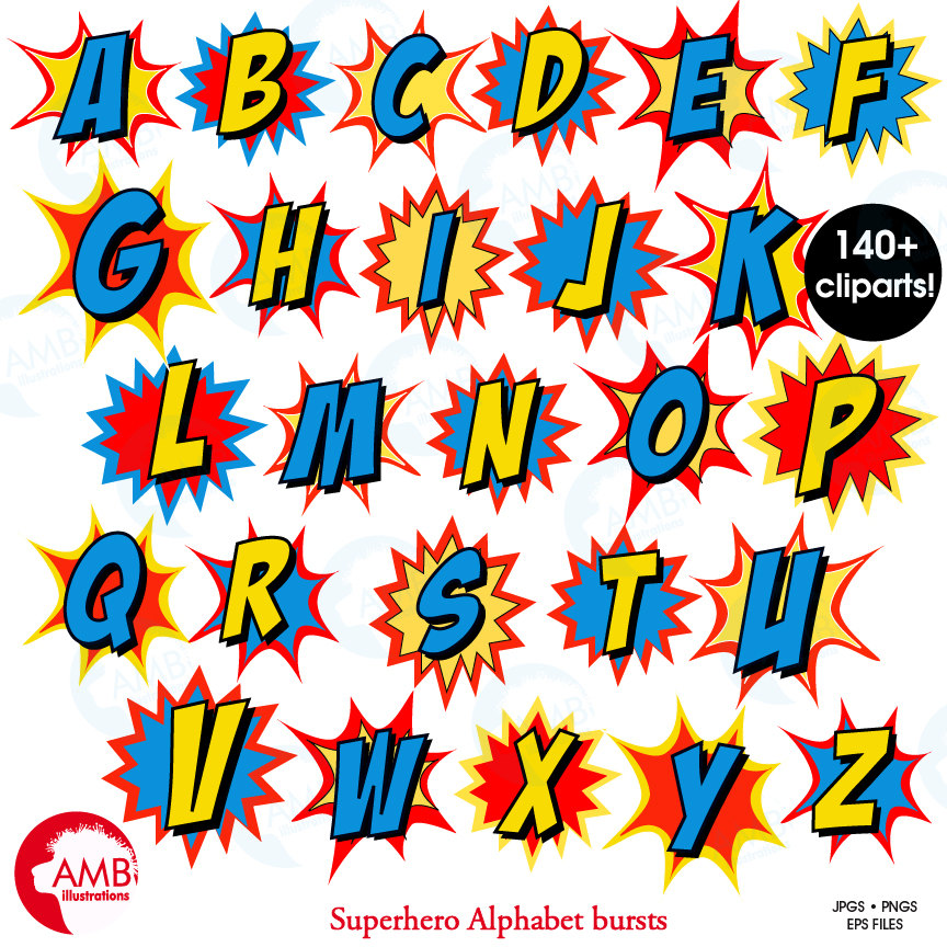 Superhero Alphabet Letters With Bursts AMBillustrations