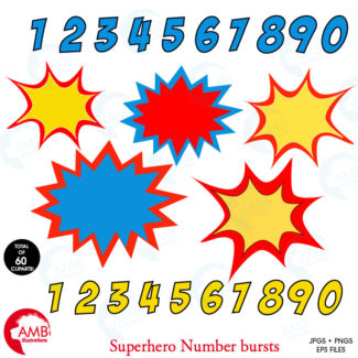 Superhero Numbers clipart, Numbers clipart, Numbers clipart with bursts, commercial use, AMB-1340