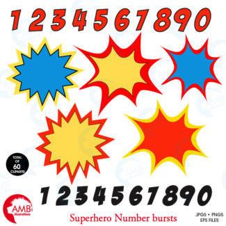 Superhero Numbers clipart, Numbers clipart, Numbers clipart with bursts, commercial use, AMB-1340