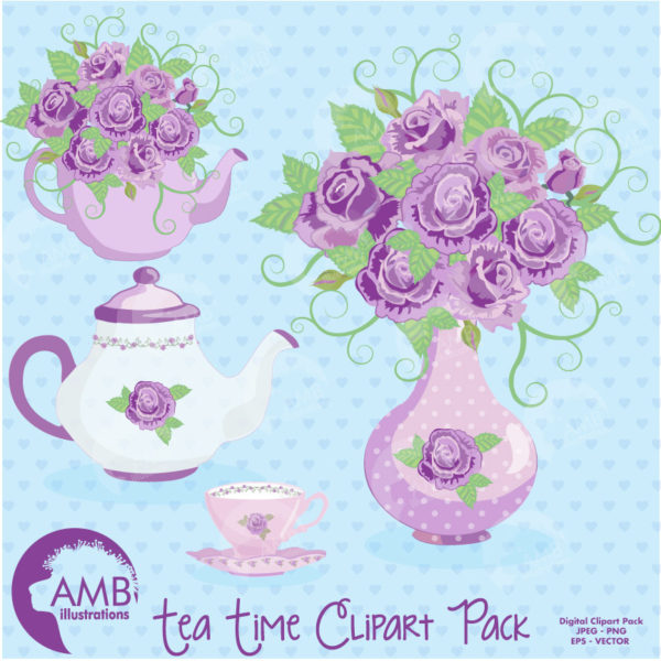 Tea Clipart, Tea Party Clipart, Tea Time, lavender, clipart, Floral Tea time clipart, Roses, commercial use, AMB-1196