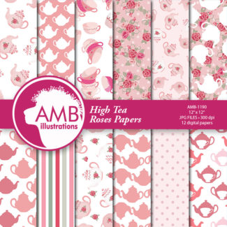 Tea time digital papers, Teapot, tea cups, cups papers, Floral tea time papers,  Roses, commercial use, digital clip art, AMB-1190