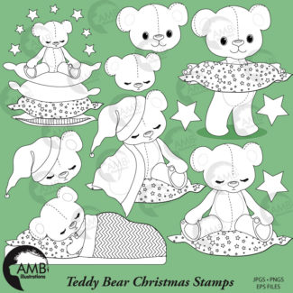 Teddy Bear Digital Stamps, Nursery, Slumber Party Stamps, coloring page, black and white line,Baby Shower Clipart, Commercial Use, AMB-984