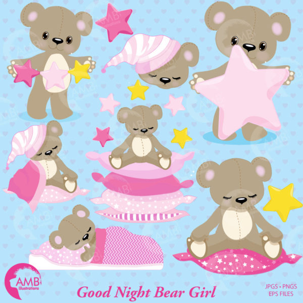 Teddy bear, nursery, slumber party, baby girl, baby pink bear, Digital Clipart - Commercial Use, Girl Clipart, AMB-981