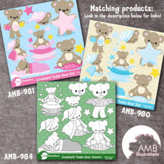 Teddy bear, nursery, slumber party, baby girl, baby pink bear, Digital Clipart - Commercial Use, Girl Clipart, AMB-981