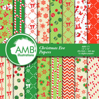 Traditional Christmas digital paper, Christmas Snowmen, Candy cane and Snowflake backgrounds, commercial use, AMB-171