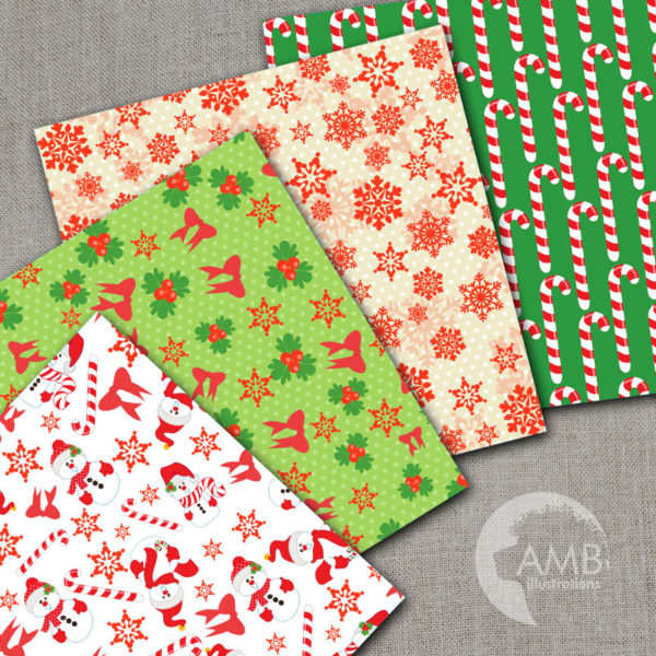 Traditional Christmas digital paper, Christmas Snowmen, Candy cane and Snowflake backgrounds, commercial use, AMB-171
