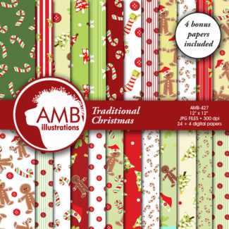 Traditional Christmas digital paper, Holiday Backgrounds, Gingerbread Papers, Scrapbooking, commercial use, AMB-427