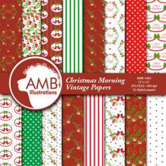 Traditional Christmas Digital Paper, Red Cardinal Holiday Backgrounds, Vintage Christmas Scrapbooking, Commercial Use, AMB-1463