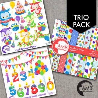 TRIO Birthday Clipart and Digital Pack, Colorful Owl Clipart, Candles, Birthday Cake, Balloons, Birthday Party Invitations, AMB-1662