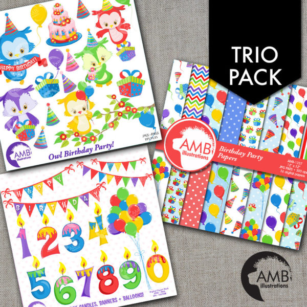 TRIO Birthday Clipart and Digital Pack, Colorful Owl Clipart, Candles, Birthday Cake, Balloons, Birthday Party Invitations, AMB-1662