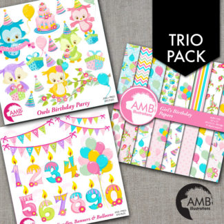 TRIO Birthday Clipart and Digital Pack, Pastel Owls Clipart, Candles, Birthday Cake, Balloons, Birthday Party Invitations, AMB-1661