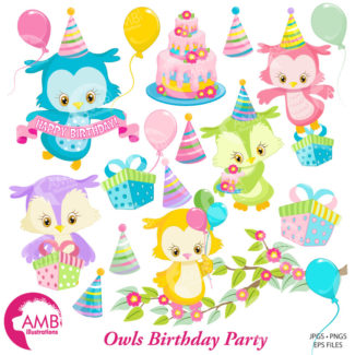 TRIO Birthday Clipart and Digital Pack, Pastel Owls Clipart, Candles, Birthday Cake, Balloons, Birthday Party Invitations, AMB-1661