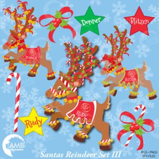 TRIO Christmas Clipart, Christmas Reindeer Clipart, Santa's Reindeer, Xmas Clipart, Commercial Use, Instant Download, AMB-1659