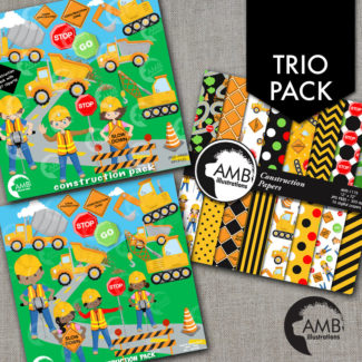 TRIO Construction Clipart and Digital Paper Pack, African American, Cars and Truck Clipart, Construction Boys and Girls, AMB-1606