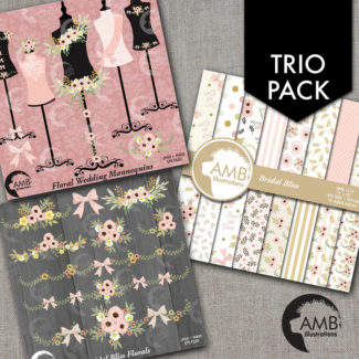 TRIO Dress Forms Clipart and Digital Paper Pack, Floral Wedding Frames, Shabby Chic Dusty Pink Flowers, Country Wedding, AMB-1667