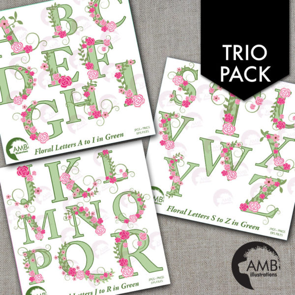 TRIO Floral Alphabet clipart Pack, Shabby Chic Wedding Green Letters and Roses, Floral Letters A to Z, Commercial Use, Amb-1658