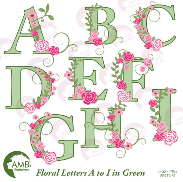 TRIO Floral Alphabet clipart Pack, Shabby Chic Wedding Green Letters and Roses, Floral Letters A to Z, Commercial Use, Amb-1658
