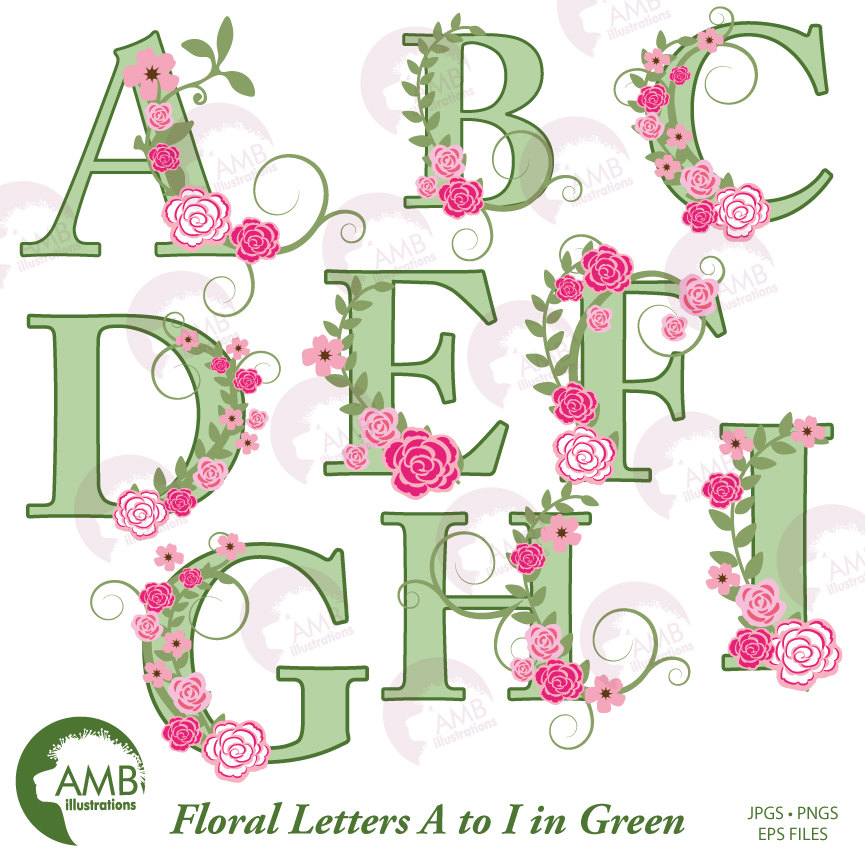 TRIO Florals Green Letters and Roses Alphabet A to Z | AMBillustrations.com