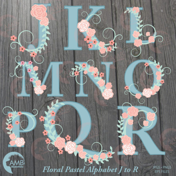 TRIO Floral Alphabet clipart Pack, Shabby Chic Wedding Pastel Teal Letters, Floral clipart, Letters A to Z, commercial use, Amb-1625