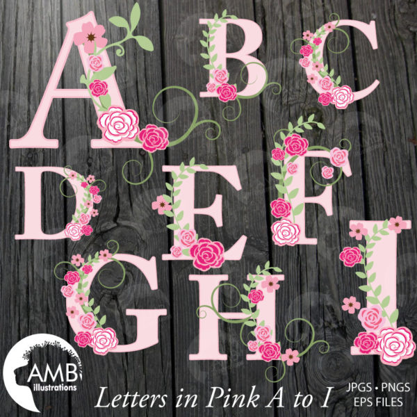 TRIO Floral Alphabet clipart Pack, Shabby Chic Wedding Pink Roses Letters, Floral clipart, Letters A to Z, commercial use, Amb-1624