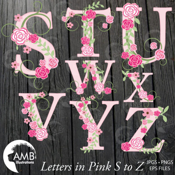 TRIO Floral Alphabet clipart Pack, Shabby Chic Wedding Pink Roses Letters, Floral clipart, Letters A to Z, commercial use, Amb-1624