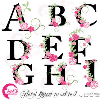 TRIO Floral Alphabet clipart Pack, Shabby Chic Wedding Pink Roses Letters, Floral clipart, Letters A to Z, commercial use, Amb-1656