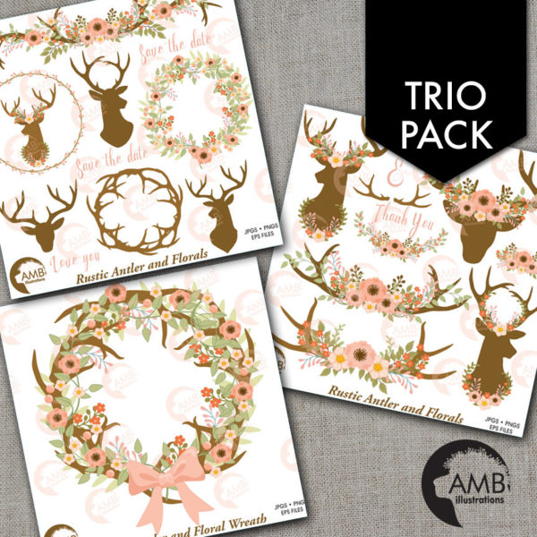 TRIO Rustic Wedding clipart, Floral Antlers, Antler and Floral Wedding Wreath, Floral Deer clipart, Antler clipart, AMB-1672