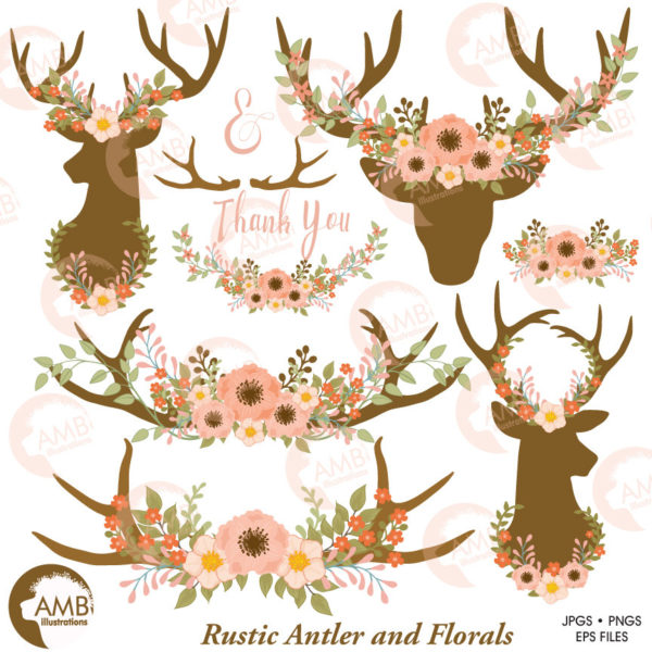 TRIO Rustic Wedding clipart, Floral Antlers, Antler and Floral Wedding Wreath, Floral Deer clipart, Antler clipart, AMB-1672