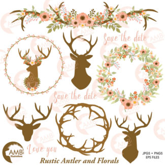TRIO Rustic Wedding clipart, Floral Antlers, Antler and Floral Wedding Wreath, Floral Deer clipart, Antler clipart, AMB-1672