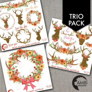 TRIO Rustic Wedding clipart, Floral Antlers in Reds, Antler and Floral Wedding Wreath, Floral Deer Antler clipart, AMB-1683