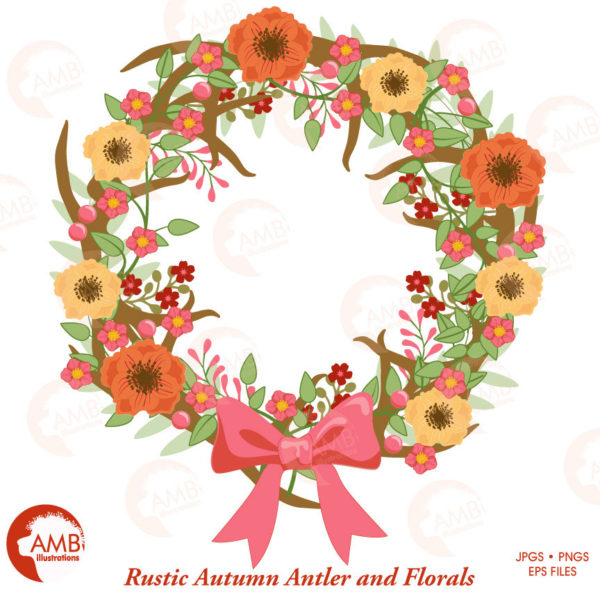 TRIO Rustic Wedding clipart, Floral Antlers in Reds, Antler and Floral Wedding Wreath, Floral Deer Antler clipart, AMB-1683