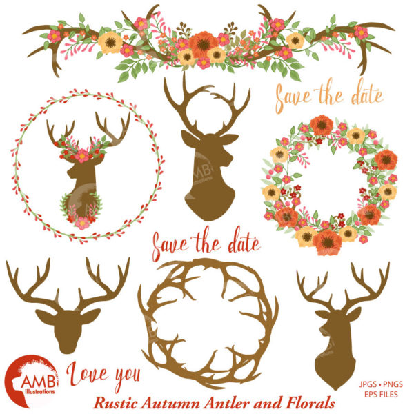 TRIO Rustic Wedding clipart, Floral Antlers in Reds, Antler and Floral Wedding Wreath, Floral Deer Antler clipart, AMB-1683