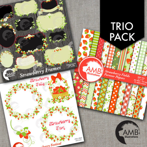 TRIO Strawberry Clipart and Digital Paper Pack, Strawberry Basket, Frames and Tags Clipart, Shabby Chic Country Wedding, AMB-1665