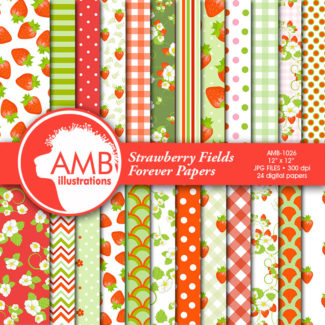 TRIO Strawberry Clipart and Digital Paper Pack, Strawberry Basket, Frames and Tags Clipart, Shabby Chic Country Wedding, AMB-1665