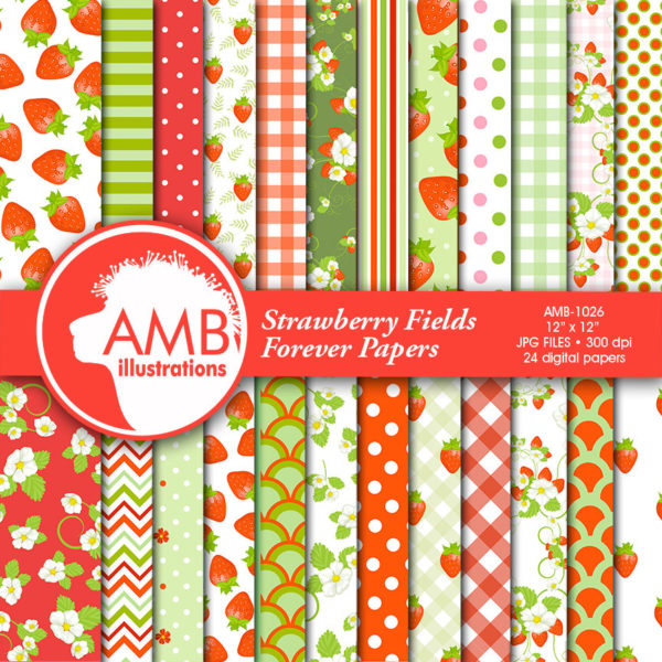 TRIO Strawberry Clipart and Digital Paper Pack, Strawberry Basket, Frames and Tags Clipart, Shabby Chic Country Wedding, AMB-1665