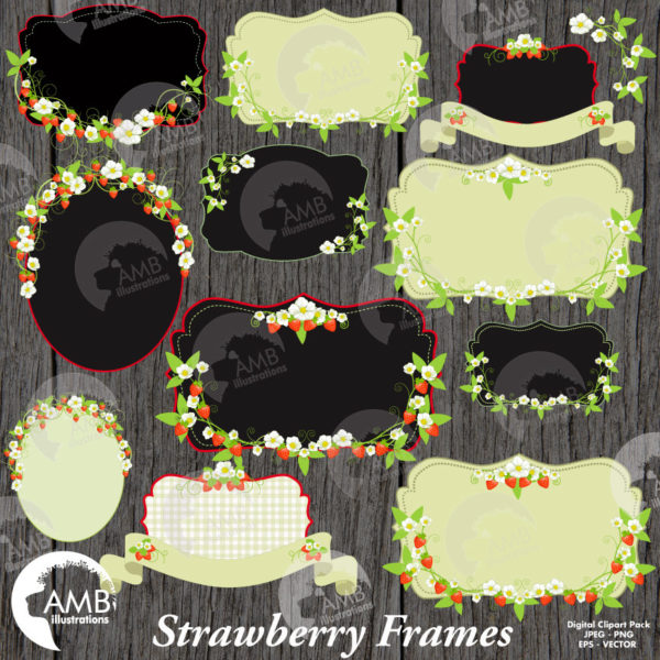 TRIO Strawberry Clipart and Digital Paper Pack, Strawberry Basket, Frames and Tags Clipart, Shabby Chic Country Wedding, AMB-1665