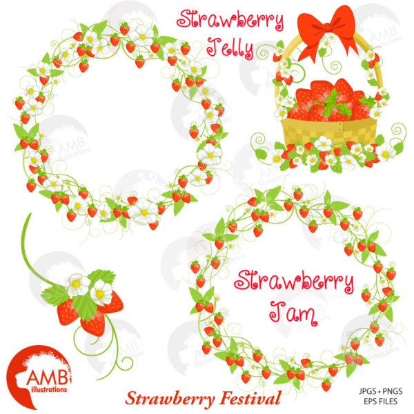 TRIO Strawberry Clipart and Digital Paper Pack, Strawberry Basket, Frames and Tags Clipart, Shabby Chic Country Wedding, AMB-1665
