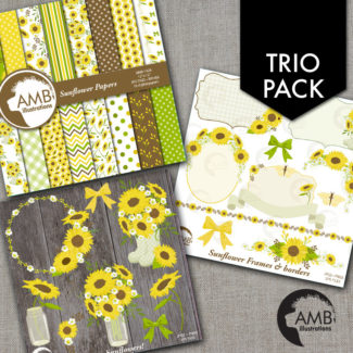 TRIO Sunflower Clipart and Digital Paper Pack, Wedding Clipart, Shabby Chic Sunflowers, Country Wedding, Party, Mason Jar, AMB-1602
