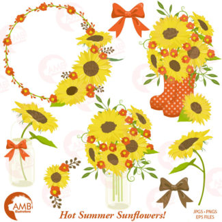 TRIO Sunflower Clipart and Digital Paper Pack, Wedding Clipart, Shabby Chic Sunflowers, Country Wedding, Party, Mason Jar, AMB-1604