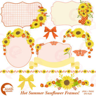 TRIO Sunflower Clipart and Digital Paper Pack, Wedding Clipart, Shabby Chic Sunflowers, Country Wedding, Party, Mason Jar, AMB-1604