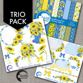 TRIO Sunflower Clipart and Digital Paper Pack, Wedding Clipart, Shabby Chic Sunflowers, Country Wedding, Party, Mason Jar, AMB-1605